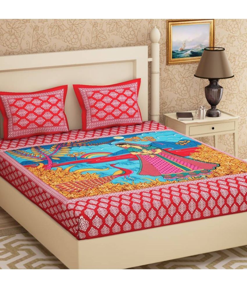     			Uniqchoice Cotton Floral Double Bedsheet with 2 Pillow Covers - Red