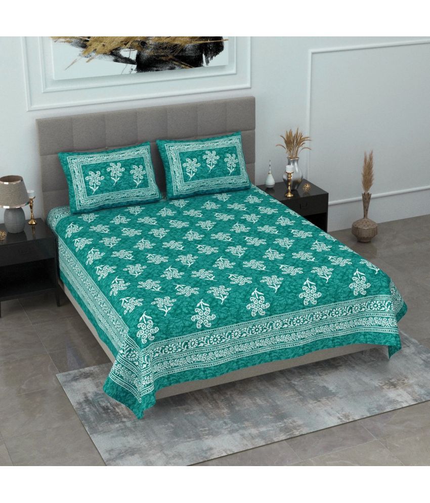     			Uniqchoice Cotton Floral Double Bedsheet with 2 Pillow Covers - Turquoise