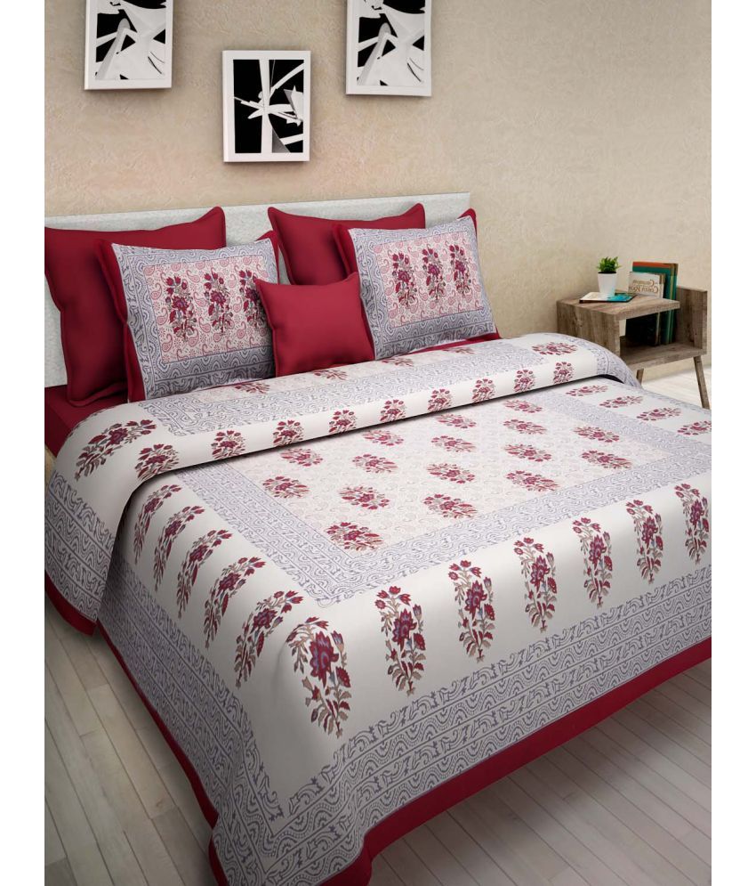     			Uniqchoice Cotton Floral Double Bedsheet with 2 Pillow Covers - Maroon