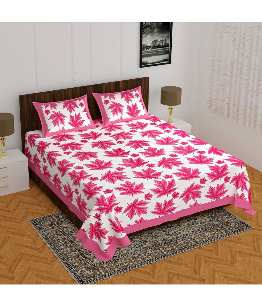     			Uniqchoice Cotton Floral Double Bedsheet with 2 Pillow Covers - Pink