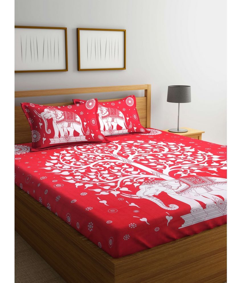     			Uniqchoice Cotton Floral Double Bedsheet with 2 Pillow Covers - Red