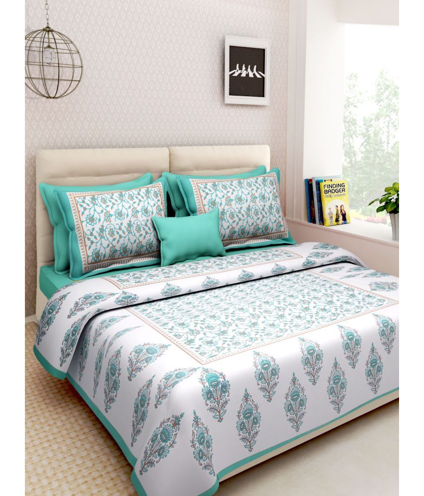     			Uniqchoice Cotton Floral Double Bedsheet with 2 Pillow Covers - Turquoise