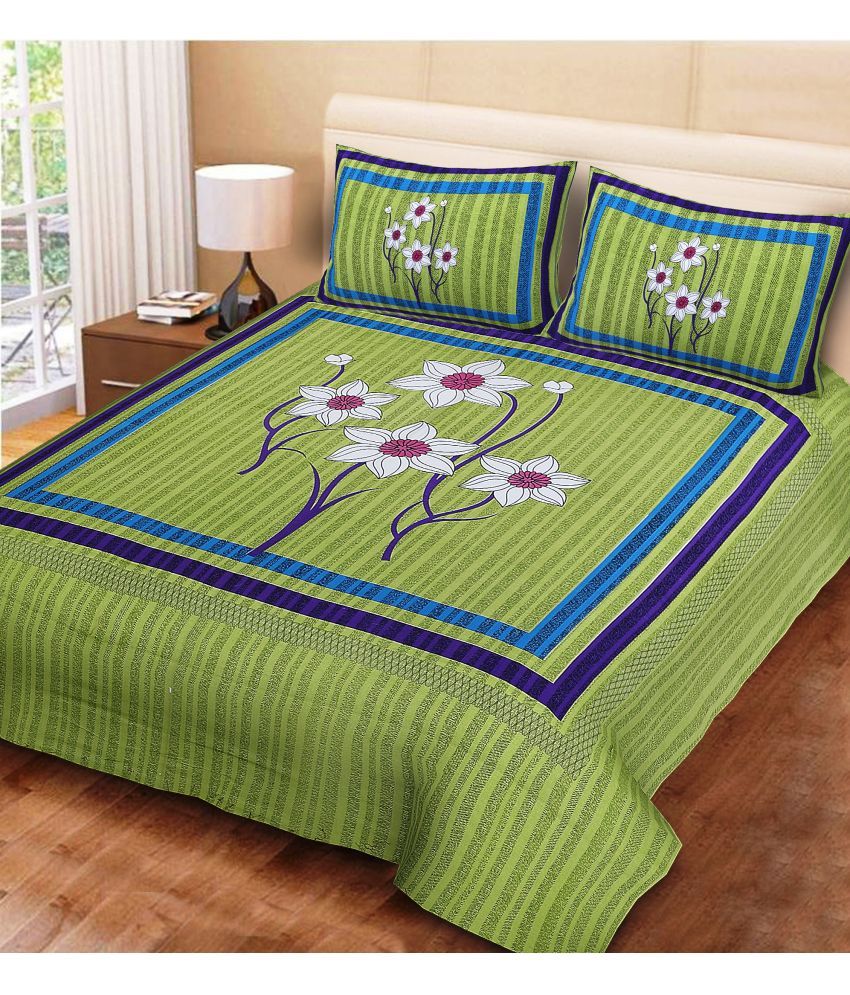     			Uniqchoice Cotton Floral Double Bedsheet with 2 Pillow Covers - Green