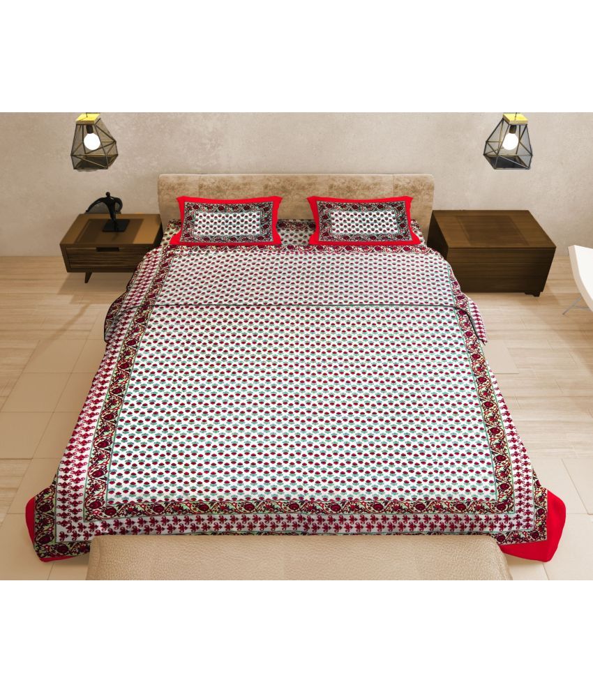     			Uniqchoice Cotton Floral Double Bedsheet with 2 Pillow Covers - Red