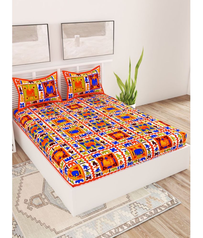     			Uniqchoice Cotton Floral Double Bedsheet with 2 Pillow Covers - Orange