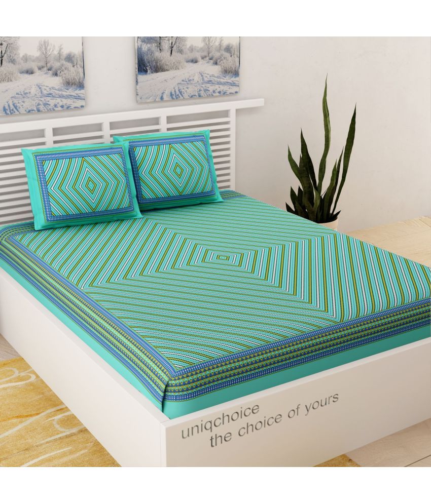     			Uniqchoice Cotton Geometric Printed Double Bedsheet with 2 Pillow Covers - Turquoise