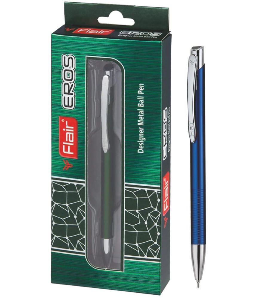     			FLAIR Eros Ball Pen Box Pack | Retractable Mechanism With Stylish Long Clip | Attractive Metal Body, Trims At Grip For Better Hold | Blue Ink, Pack of 3 Pens