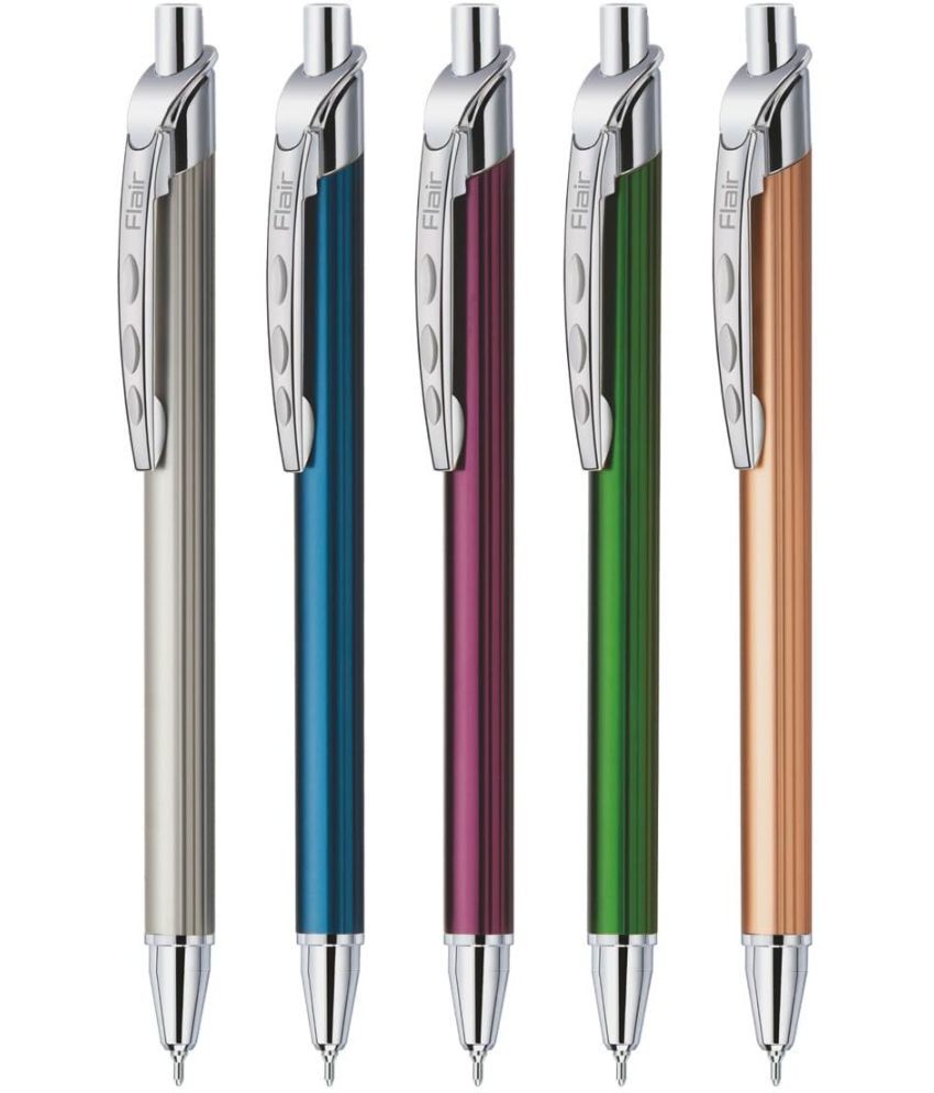     			FLAIR Kiemaya Ball Pen Box Pack | Retractable Mechanism With Comfortable Grip For Easy Handling | Shiny & Attractive Metal Body | Ideal For Gifting | Blue Ink, Pack of 5 Pens