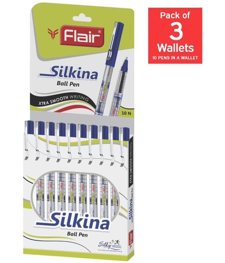     			FLAIR Silkina 0.7mm Ball Pen Wallet Pack | Textured At Grip For Better Hold | Smooth Ink Flow System, Lightweight Body | Longer Writing Length | Blue Ink, Pack of 30 Pens