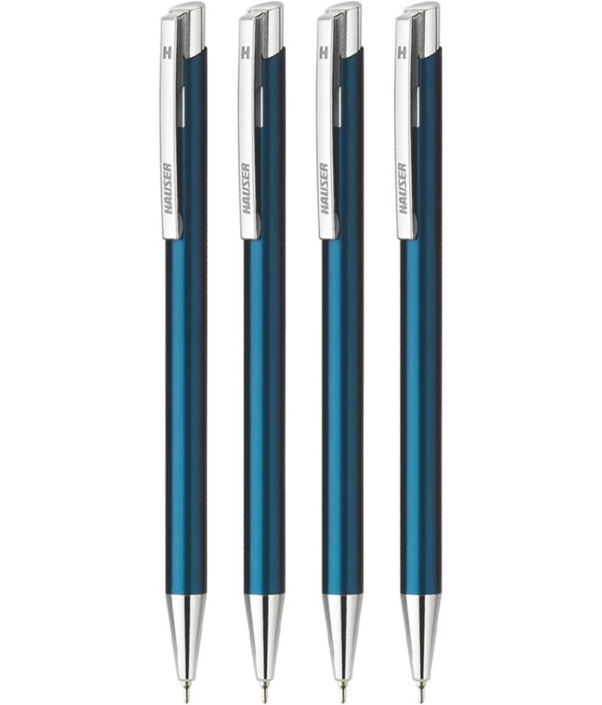     			Hauser Aurus Metal Ball Pen Box Pack | Retractable Mechanism With Comfortable Grip For Easy Handling | Shiny & Attractive Metal Body | Ideal For Gifting | Blue Ink, Pack of 4 Pens