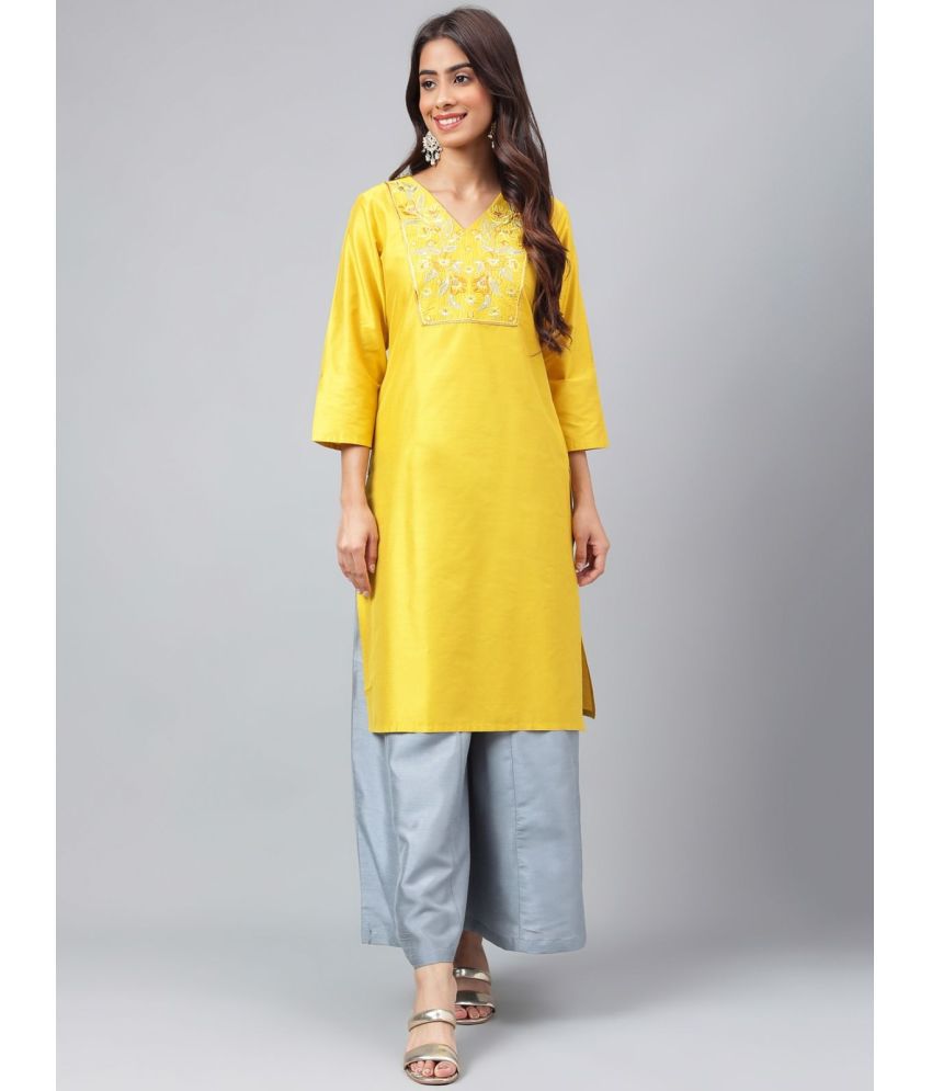     			Janasya - Yellow Silk Blend Women's Straight Kurti ( Pack of 1 )