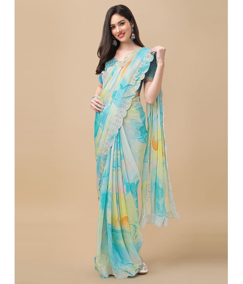     			BLEESBURY Women Chiffon Siroski Cut Work Designer Saree With Blouse Piece -Multicolor