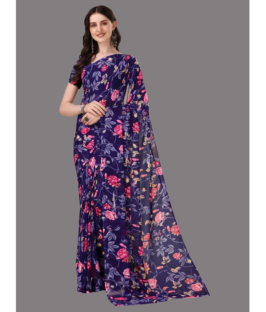     			Vichitro - Navy Blue Georgette Saree With Blouse Piece ( Pack of 1 )