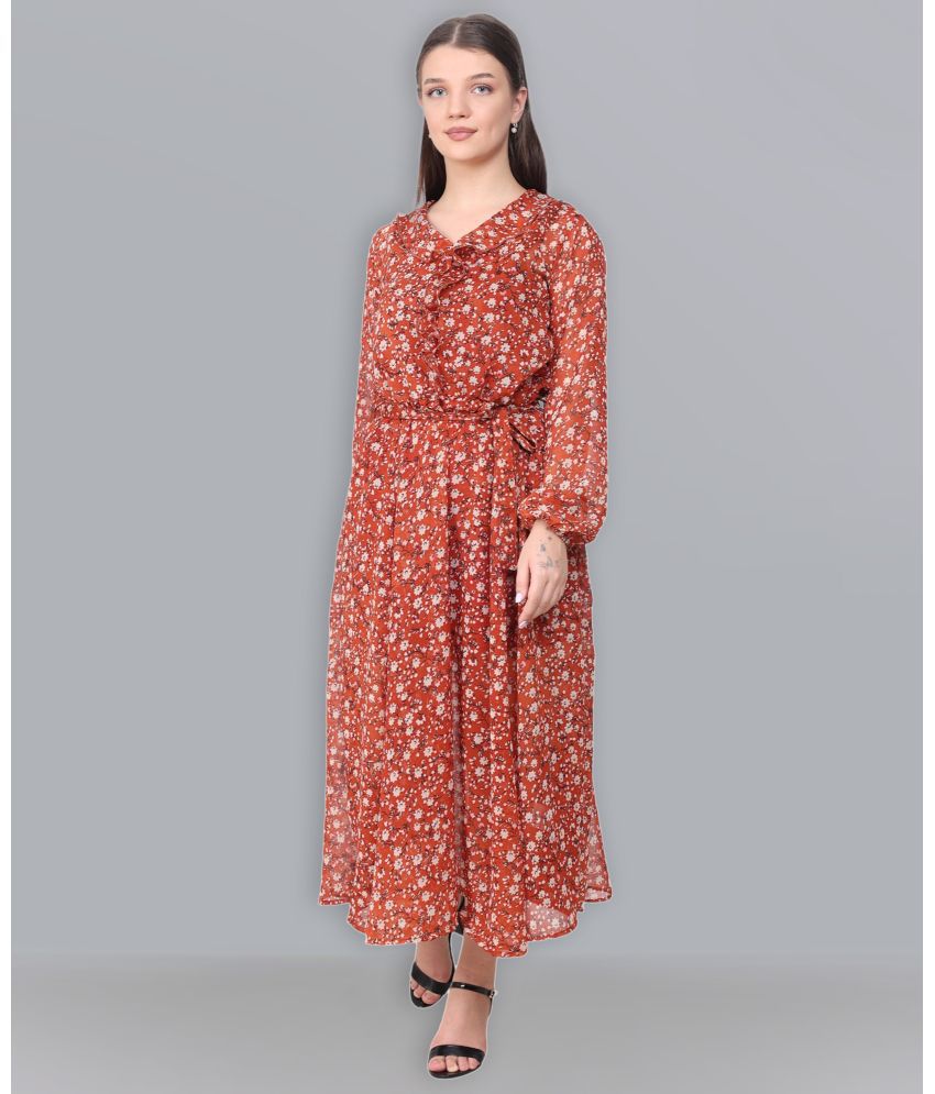     			Baawri - Rust Georgette Women's Fit & Flare Dress ( Pack of 1 )