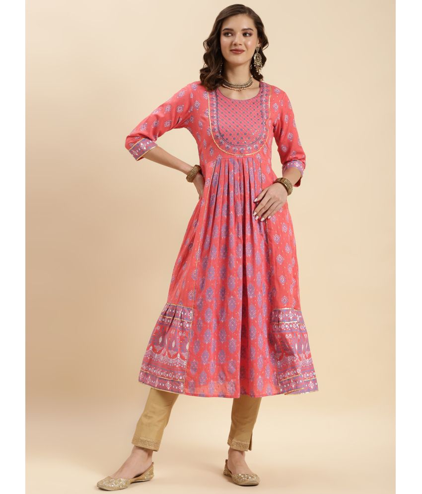     			Rangita Women Pink Cotton Embroidered Calf Length Anarkali Kurti