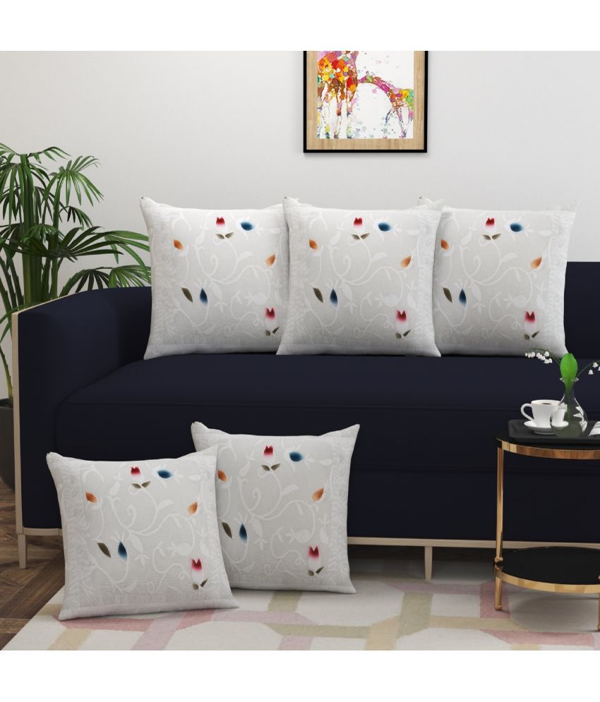     			Bigger Fish Set of 5 Cotton Floral Printed Square Cushion Cover (40X40)cm - White