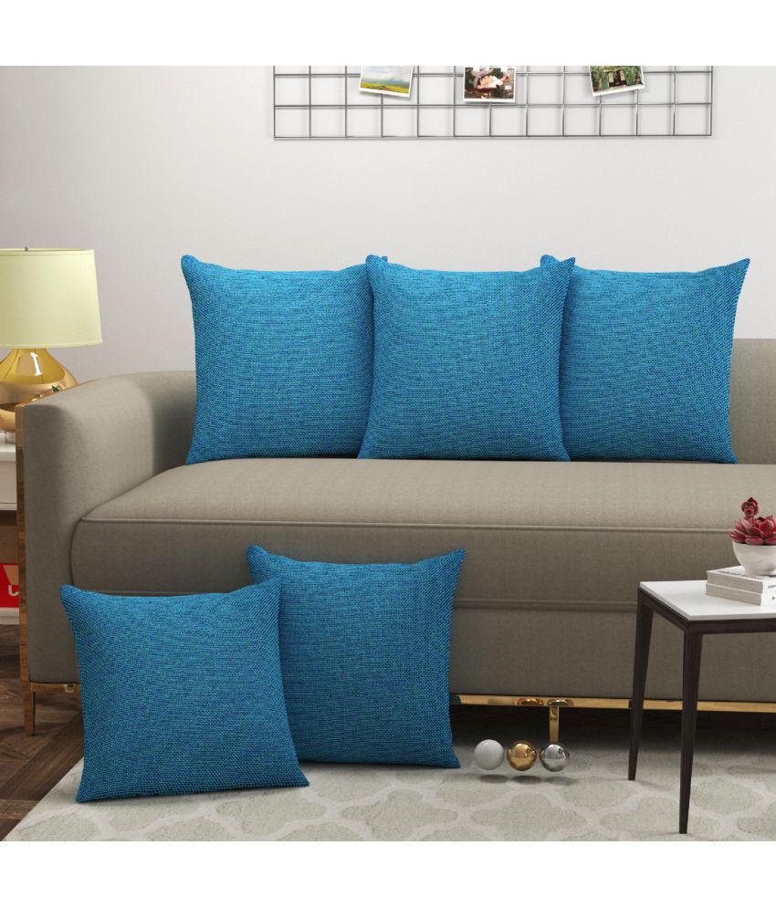     			Bigger Fish Set of 5 Jute Solid Square Cushion Cover (40X40)cm - Light Blue