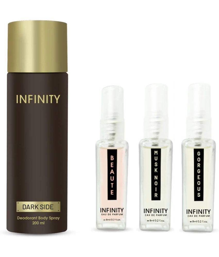     			Infinity Dark Side 200ml Deodorant & EDP (Beaute, Gorgeous, Musk Noir) 8ml Each Long Lasting Unisex Premium Gift Set Pack of 4