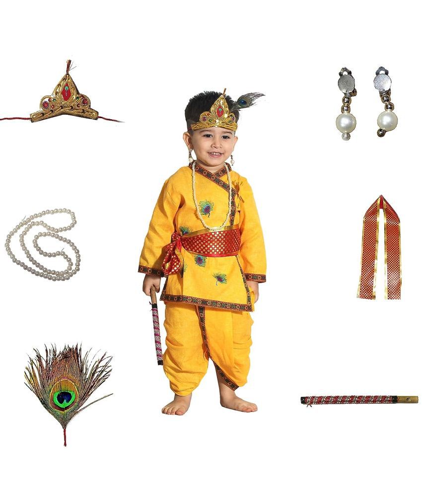     			Kaku Fancy Dresses Krishna Pankh Costume In Cotton Fabric,Krishnaleela/Janmashtami/Kanha/Mythological Character Costume -Yellow, 3-6 Months, For Boys