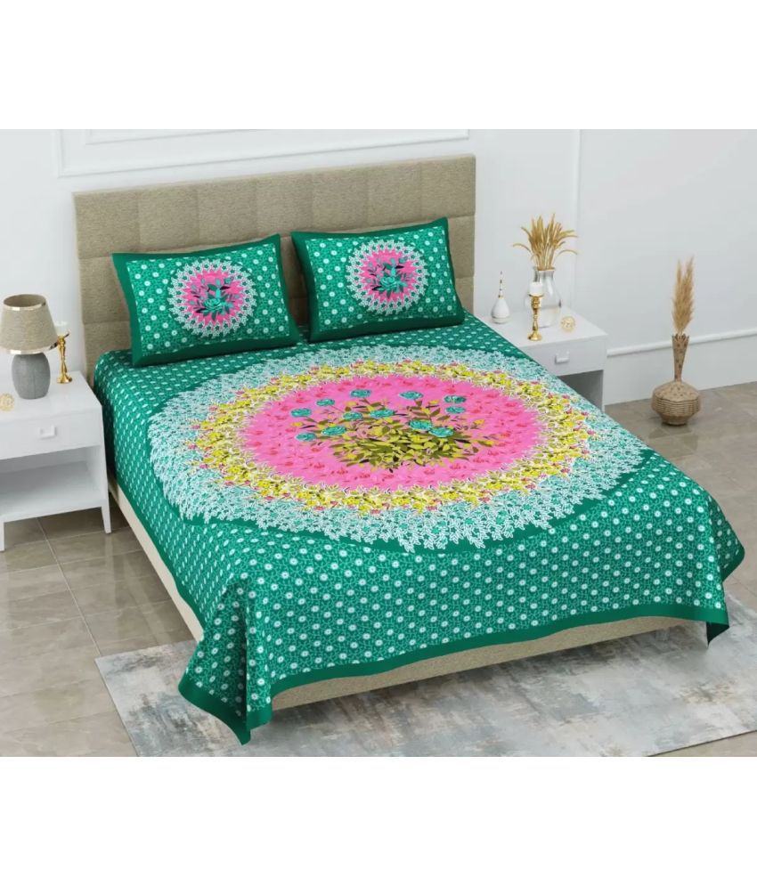     			FrionKandy Living Cotton Floral Double Bedsheet with 2 Pillow Covers - Sea Green
