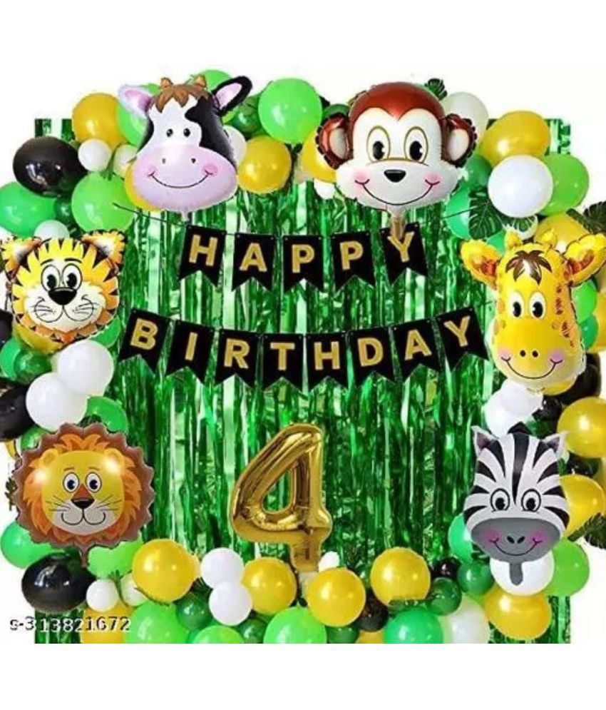     			KR 4th Happy Birthday Balloons Decoration Set - (53 Pcs) Birthday 13 Letter Foil + 2 Pcs Fringe Foil Curtain + 6 Pcs Set of Jungle Theme & Balloon Arch with 30 Pcs HD. balloon , 4 no. Gold foil