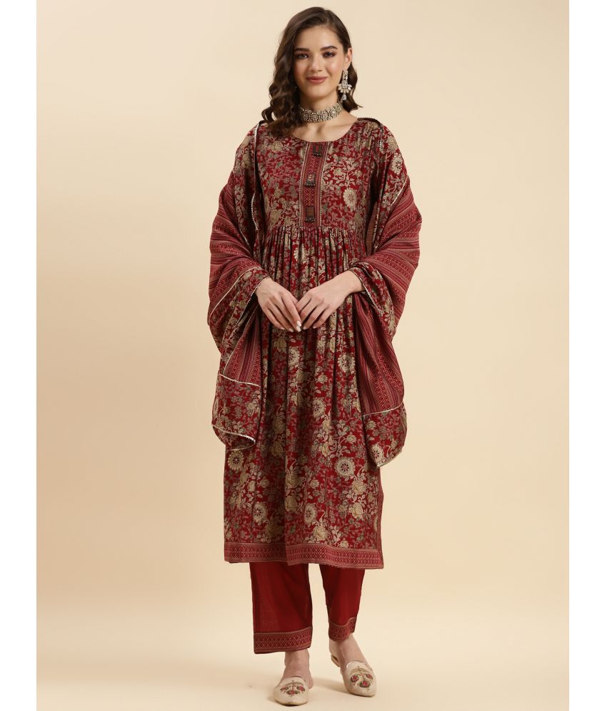     			Rangita Women Rayon Maroon Calf Length Ethnic Printed Nayra Kurti With Pant And Dupatta