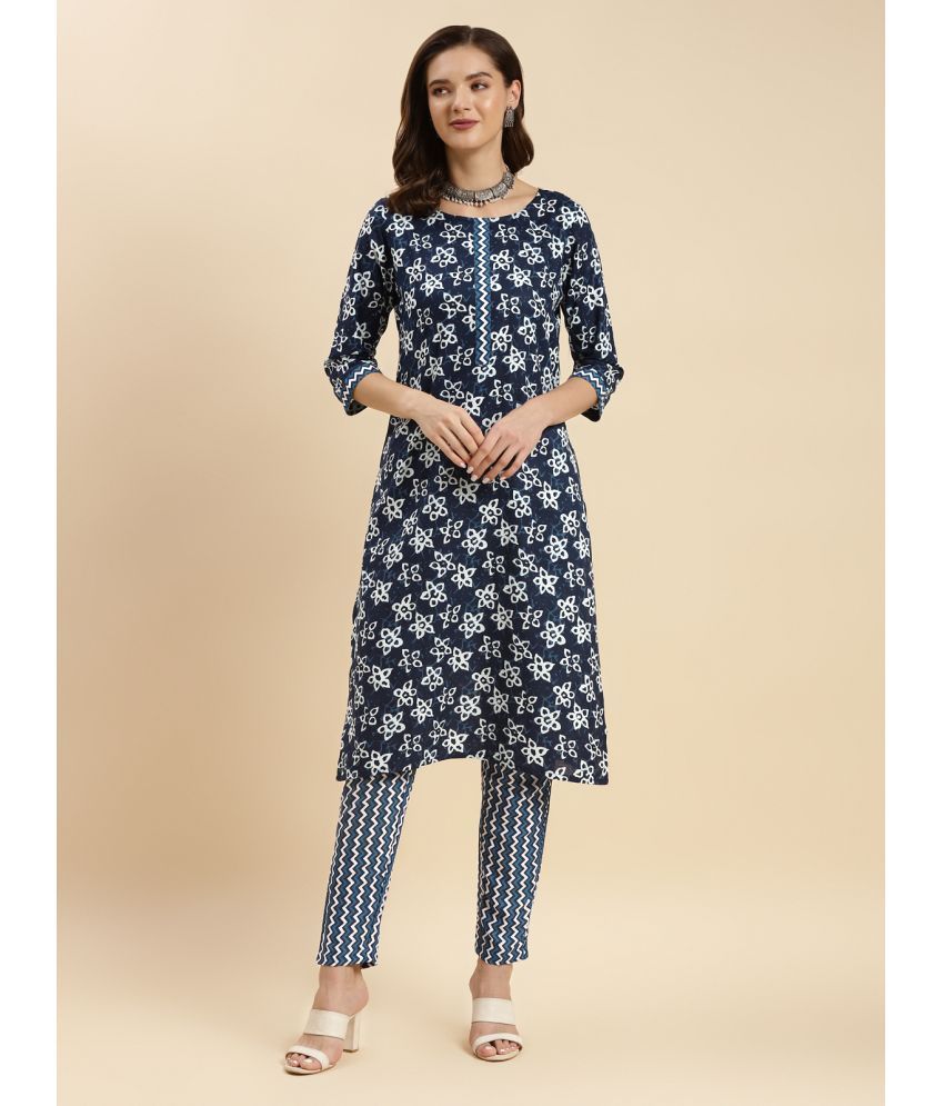     			Rangita Women Cotton Navy Calf Length Ethnic Printed Straight Kurti With Pant Set