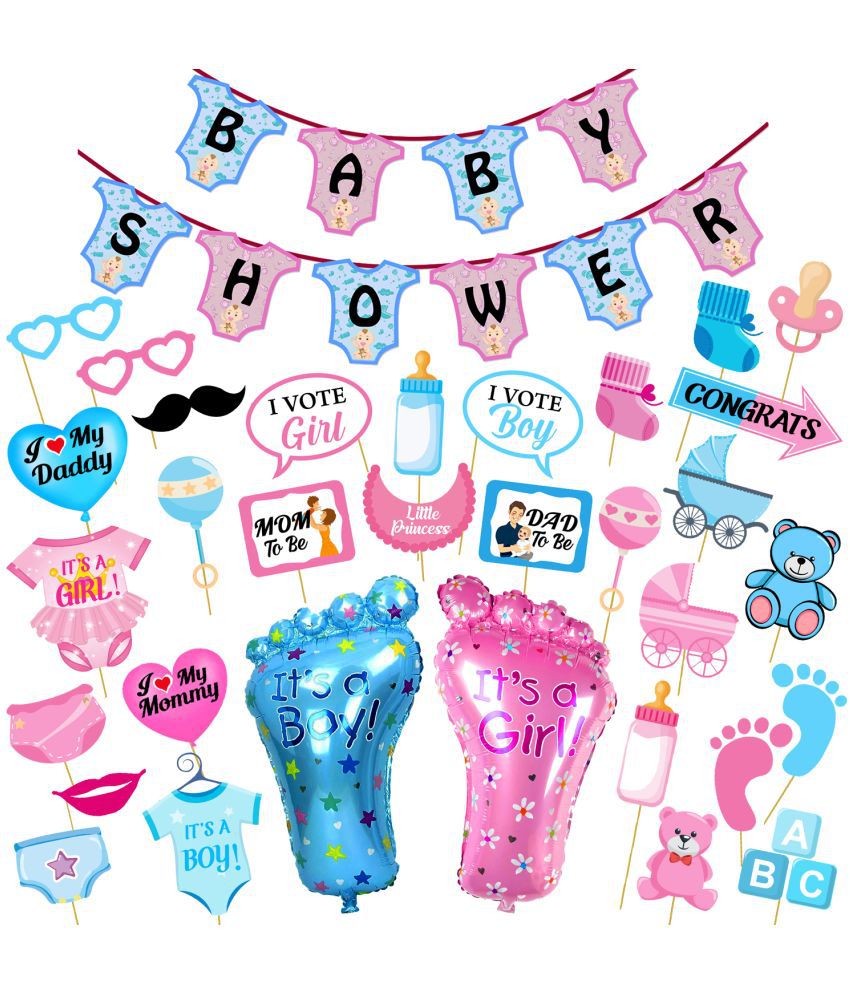     			Zyozi Baby Shower Party Supplies Included Baby Shower Letter TShirt Banner , Photo Booth Props And Foil Balloons for Baby Shower Theme Party Favors ( Pack of 33 )