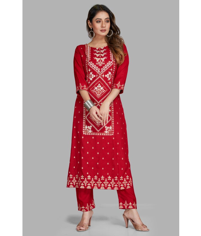     			Style Samsara - Red Straight Cotton Blend Women's Stitched Salwar Suit ( Pack of 1 )