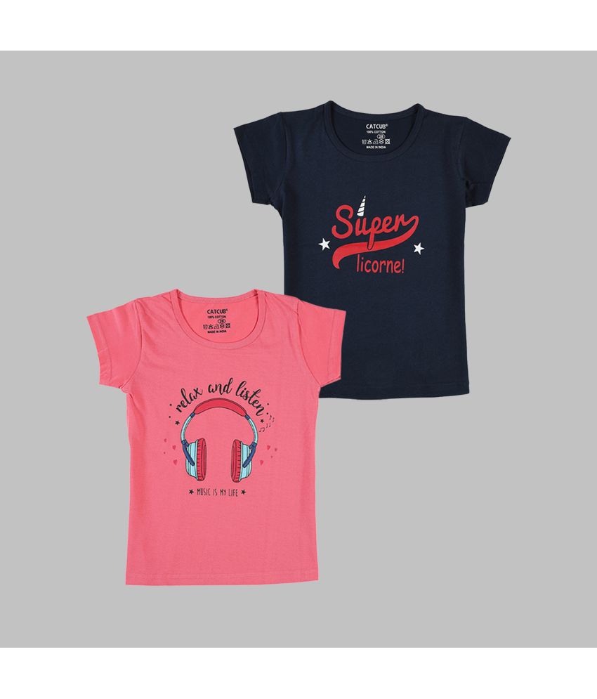     			CATCUB - Multicolor 100% Cotton Girls T-Shirt ( Pack of 2 )