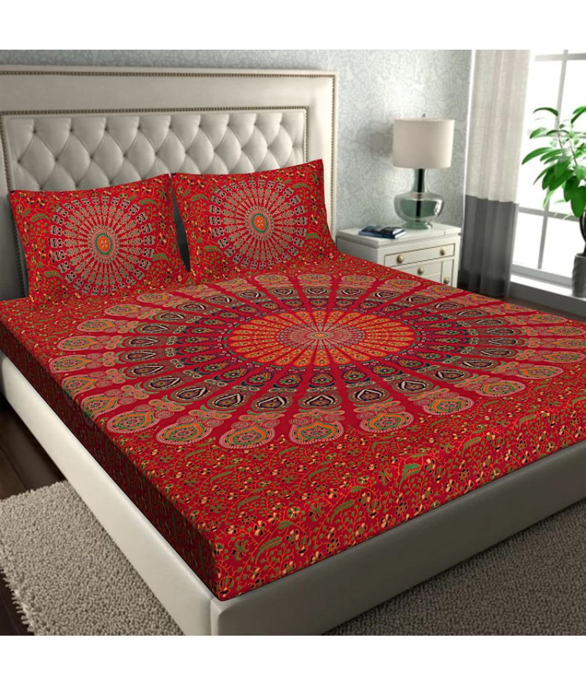     			FrionKandy Living Cotton Ethnic Double Bedsheet with 2 Pillow Covers - Multicolor