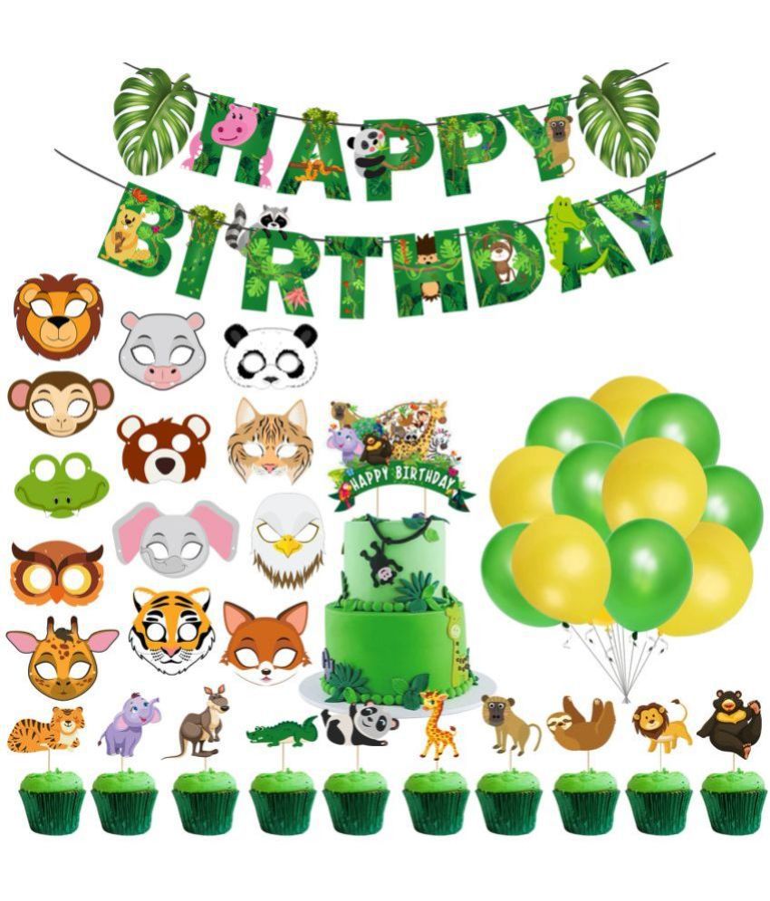     			Zyozi Jungle Safari Birthday Decorations Combo, Animal Birthday Banner, Balloons, Cake Topper, Cup Cake Topperfor Birthday (Pack of 50)