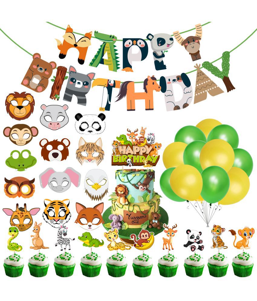     			Zyozi Jungle Safari Happy Birthday Decorations - Banner with Latex Balloons, Cake Topper, Cup Cake Topper & Sticker (Pack of 50)