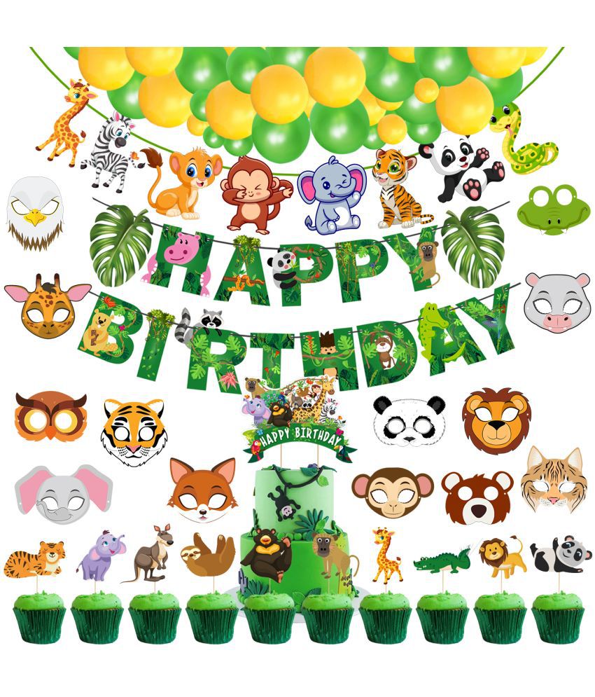     			Zyozi Jungle Safari Happy Birthday Decoration Kids, With Birthday Banner, Character Banner, Latex Balloons, Cake Topper, Cup Cake Topper & Sticker (Pack of 51)