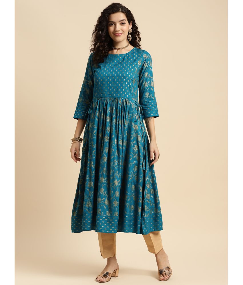     			Rangita Women Rayon Turquoise Printed Calf Length Anarkali Kurti