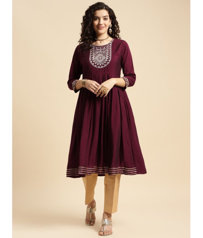     			Rangita Women Wine Rayon Embroidered Knee Length Flared Kurti