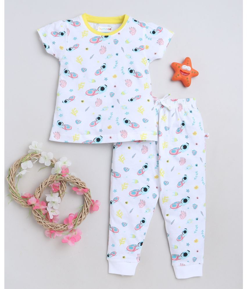     			BUMZEE - White & Yellow Cotton Baby Girl T-Shirt & Pyjama Set ( Pack of 1 )