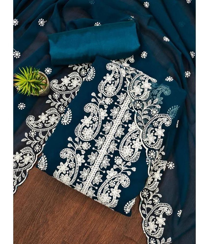     			JULEE Unstitched Georgette Embroidered Dress Material - Teal ( Pack of 1 )