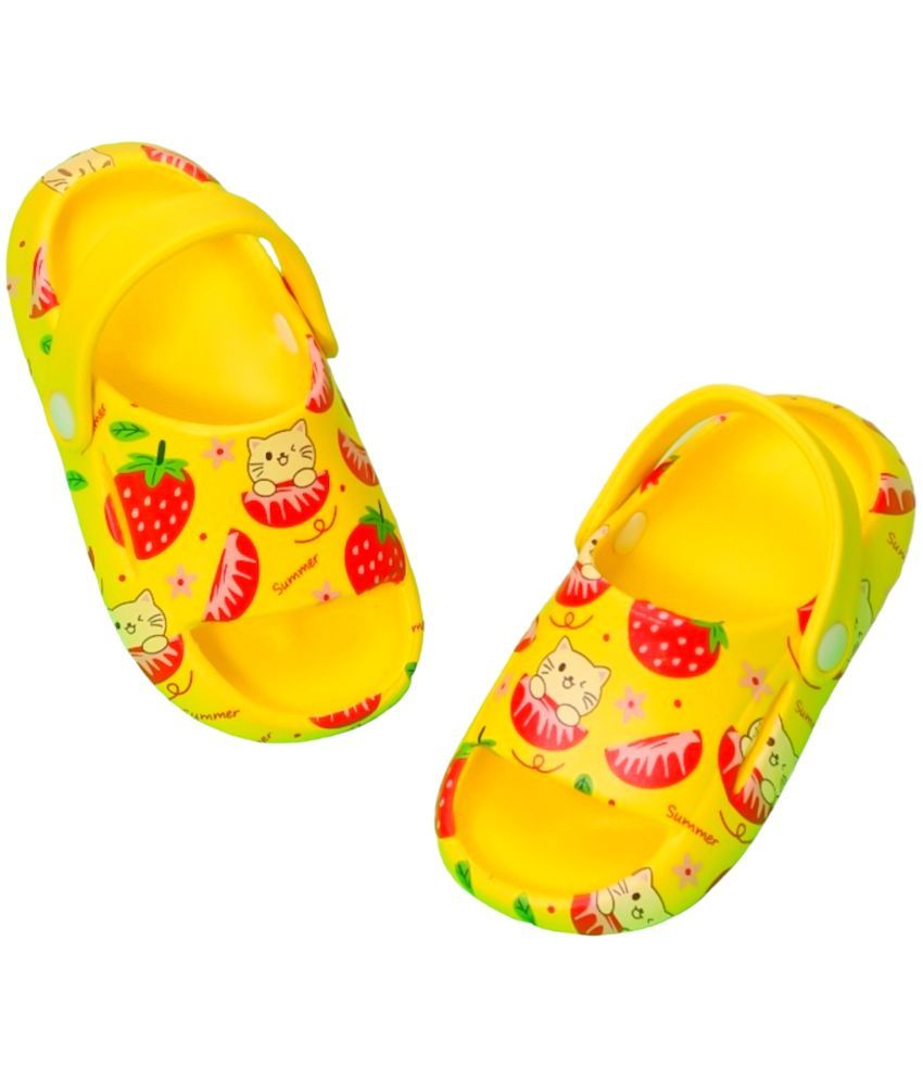     			Yellow Bee Strawberry and Cat Theme Sandals for Girls, Yellow and Red