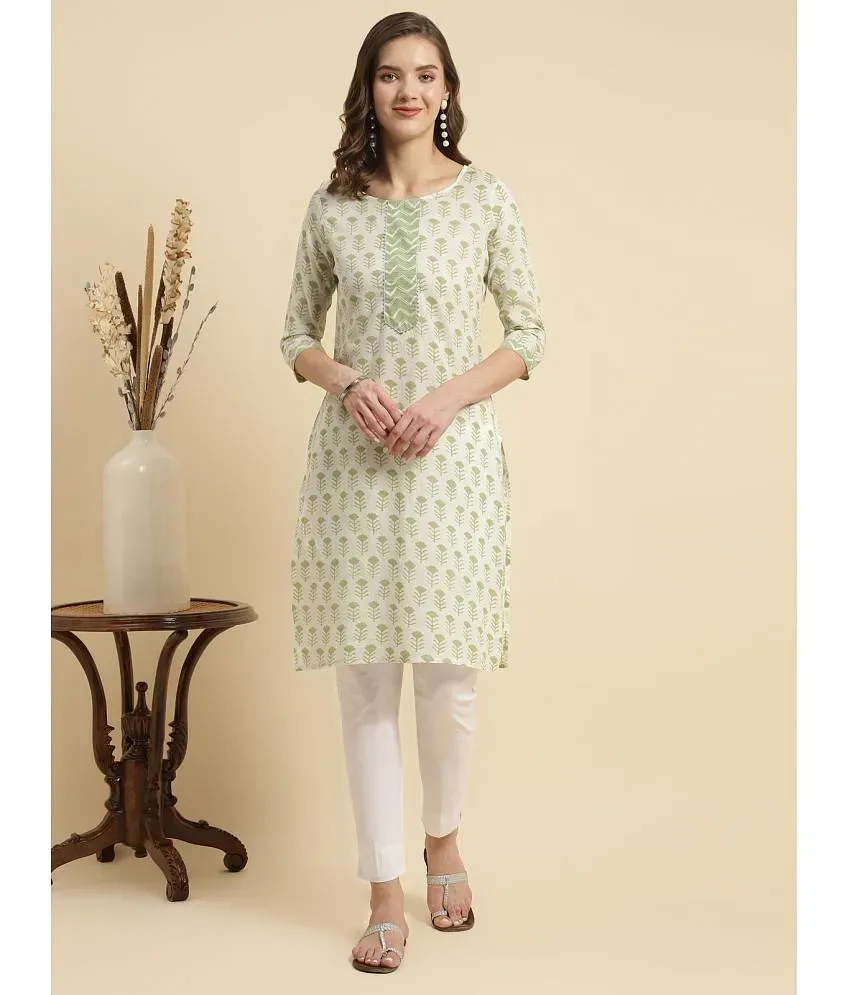 Rangita Women White Cotton Floral Printed Knee Length Straight Kurti