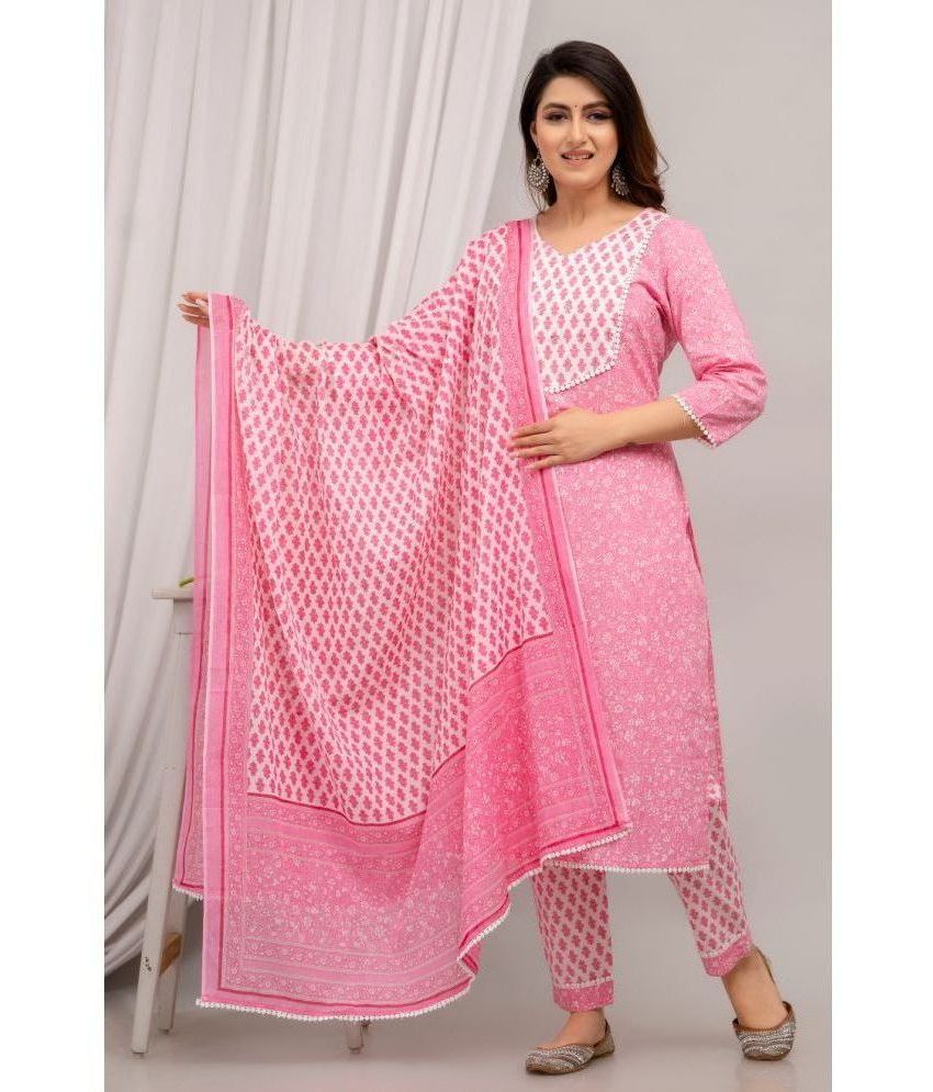     			Frionkandy Cotton Printed Kurti With Pants Women's Stitched Salwar Suit - Pink ( Pack of 1 )