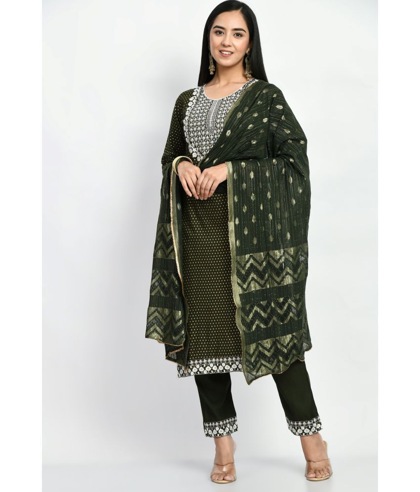     			MAURYA Cotton Embroidered Kurti With Pants Women's Stitched Salwar Suit - Green ( Pack of 1 )