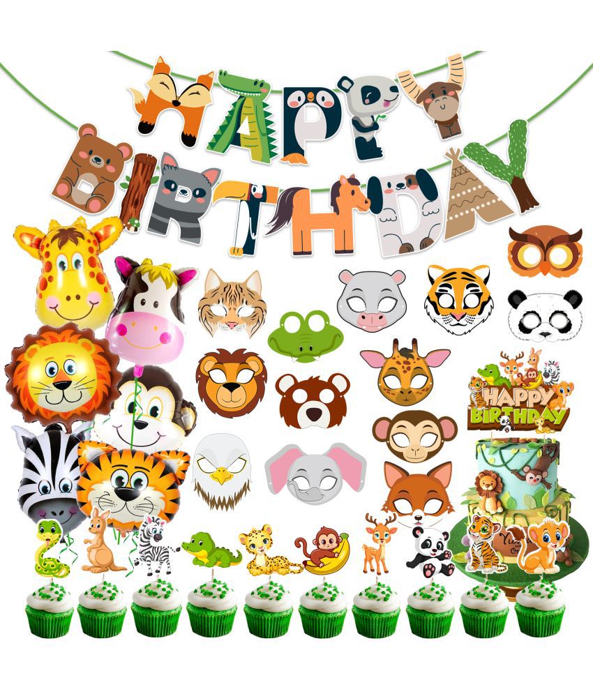     			Zyozi Jungle Safari Happy Birthday Decoration Kids - Birthday Decoration Banner with Foil Balloons, Cake Topper & Cupcake Topper, Sticker (Pack of 31)