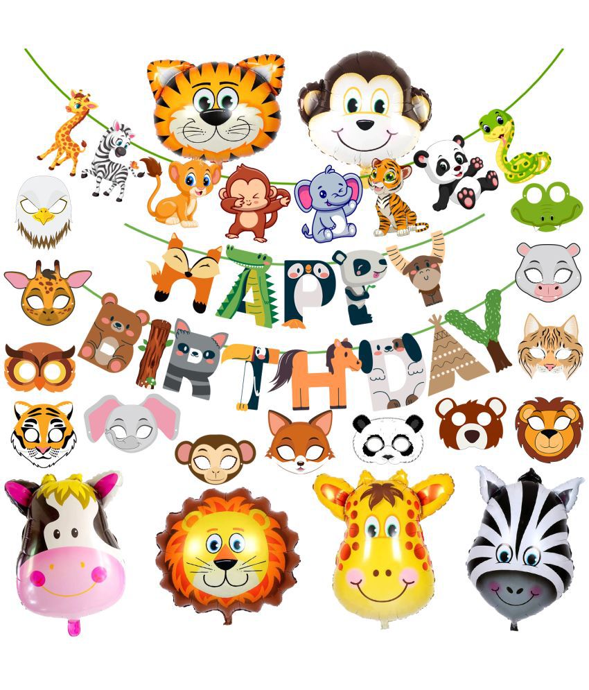     			Zyozi Jungle Safari Happy Birthday Decorations - Birthday Banner, Character Banner, Sticker with Foil Balloons (Pack of 21)