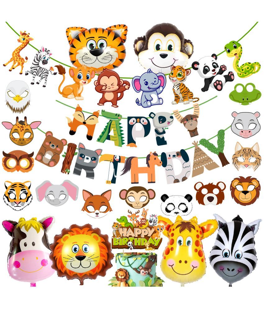     			Zyozi Jungle Safari Happy Birthday Decoration Kids - Birthday Party Decoration Banner with Foil Balloons , Cake Topper, Character Banner & Sticker ( Pack of 22 )