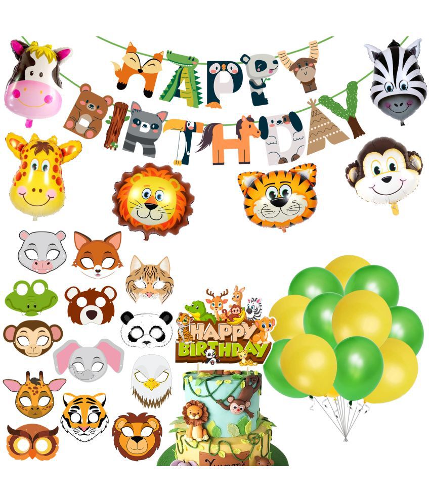     			Zyozi Jungle Safari Happy Birthday Decoration Kids - Birthday Party Decoration Banner with Latex Balloons, Cake Topper, Foil Balloons , Sticker (Pack of 46)