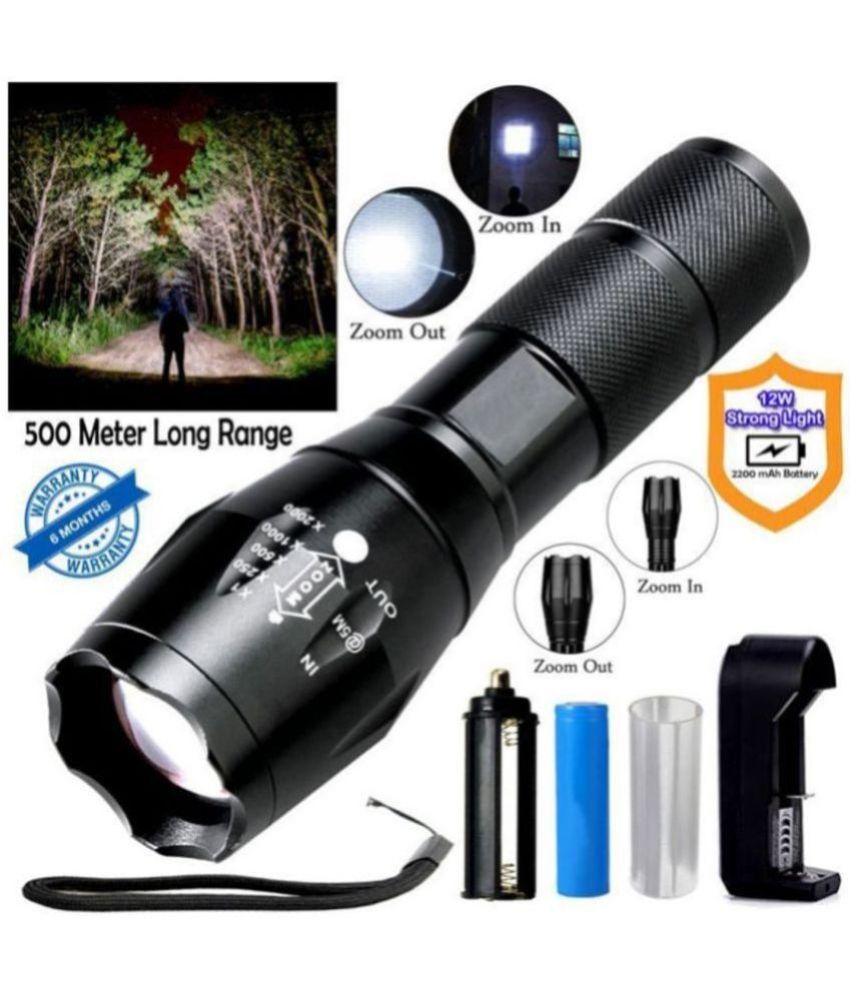     			Let light 500 Meter Zoomable Waterproof Chargeable LED 5 Mode Full Metal Body 12W Rechargeable Flashlight Torch