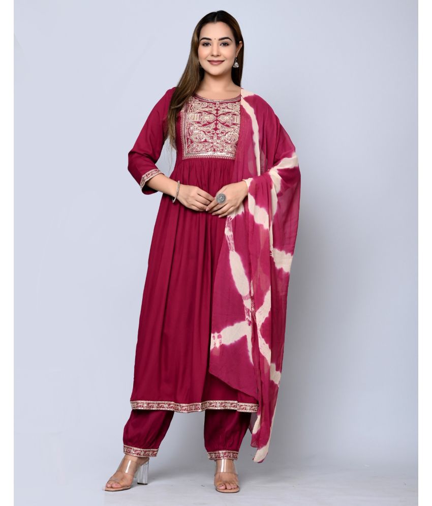     			MAUKA - Maroon Nayra Rayon Women's Stitched Salwar Suit ( Pack of 1 )
