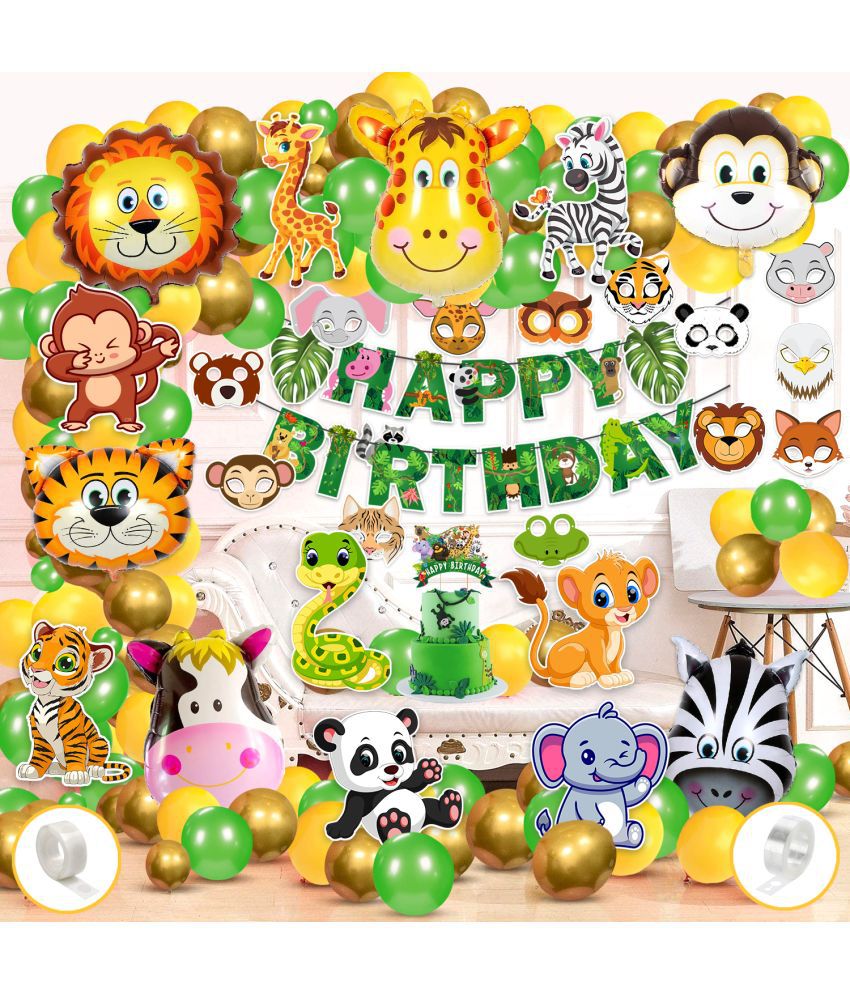     			Zyozi Jungle Safari Birthday Decoration / Birthday Decorations items - Party Decoration Bunting Banner with Balloons, Cake Topper,Foil Balloons, Cardstock Cutout, Glue & Sticker (Pack of 81)