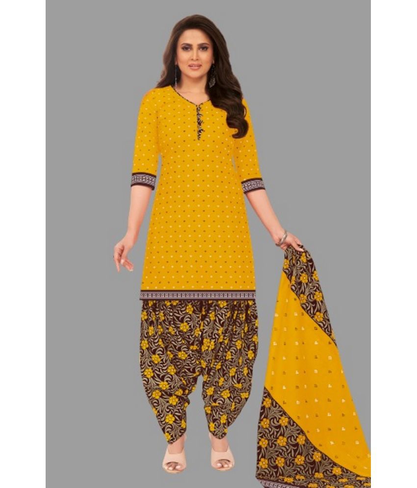    			shree jeenmata collection - Yellow A-line Cotton Women's Stitched Salwar Suit ( Pack of 1 )